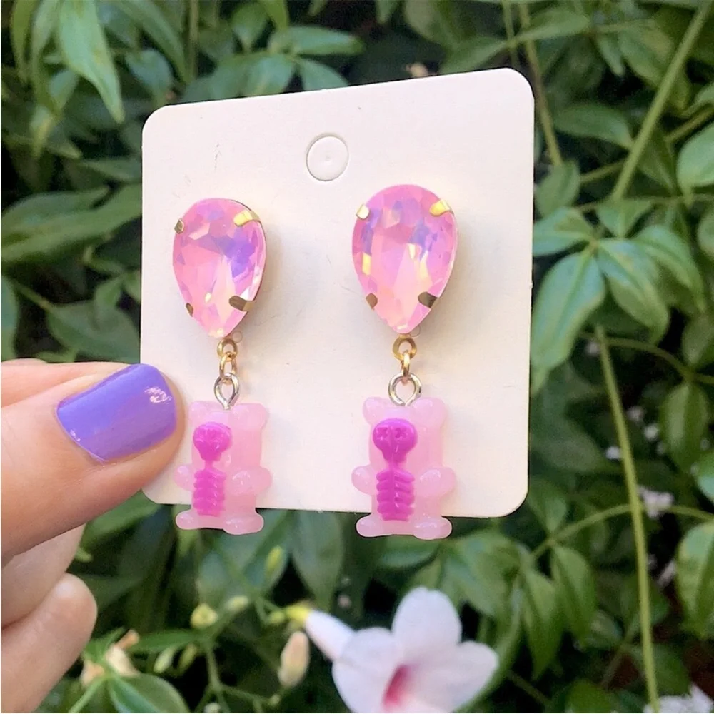 Pink Opal Aurora Borealis Crystal + Skeleton Gummy Bear Halloween Drop Earrings